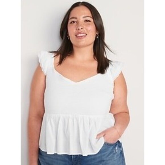 Old Navy White Ruffled Smocked Cottagcore Croquette Sleeveless Cotton Blend Top - Picture 2 of 13